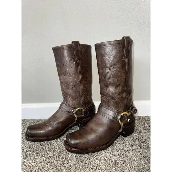$498 EXCELLENT! Frye Harness 12R Boots Size 8 Brown Moto Leather Women’s Brown - Picture 7 of 9